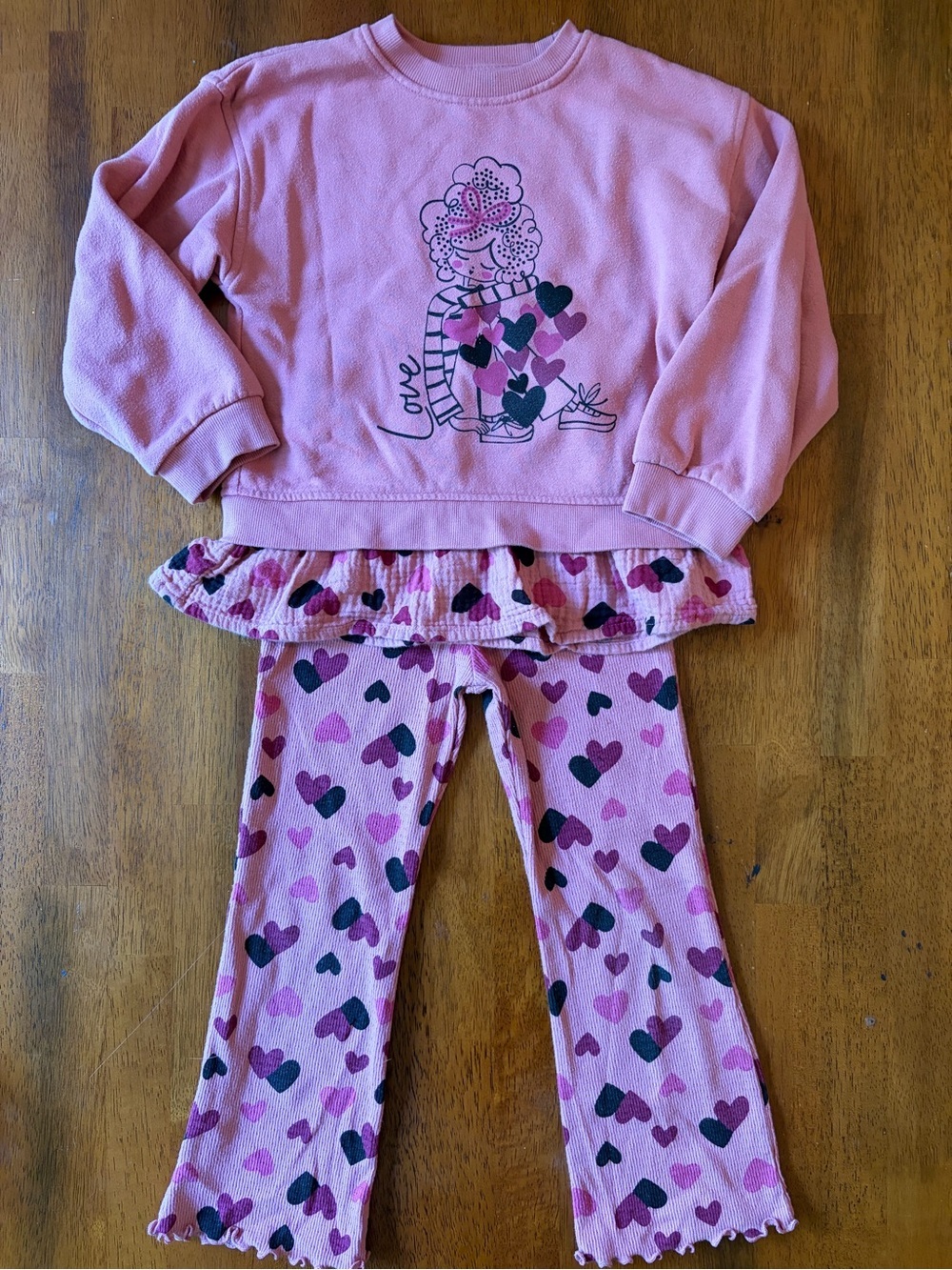 Pink Heart Ruffle Hem Girls Matching Set Long Sleeve Top and Stretch Pant Girl 5